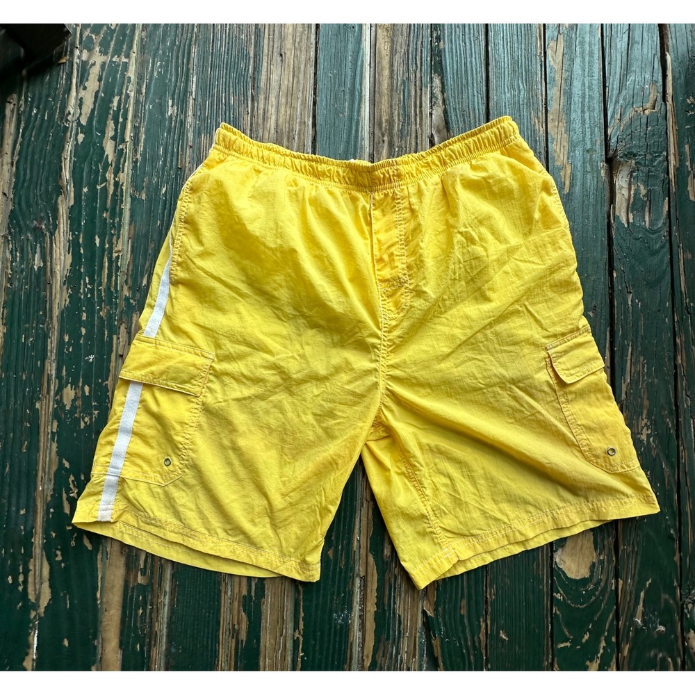 Vintage DT10 Mens Yellow Nylon Cargo Swim Trunks Mesh Lined Board Shorts Large
